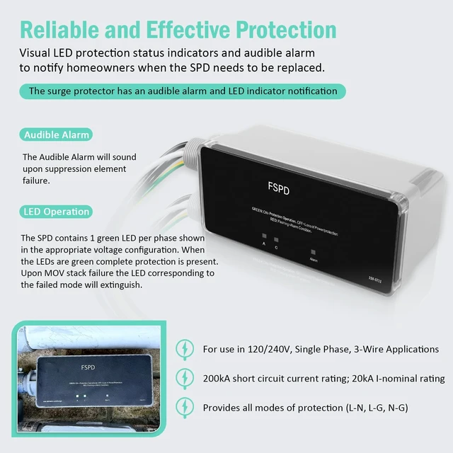Alt view image 3 of 7 - FSPD140 140kA Whole House Surge Protector, 120/240V 140kA surge capacity for 120/240V single-phase 3-wire systems; LED status and audible alarm; indoor/outdoor enclosure