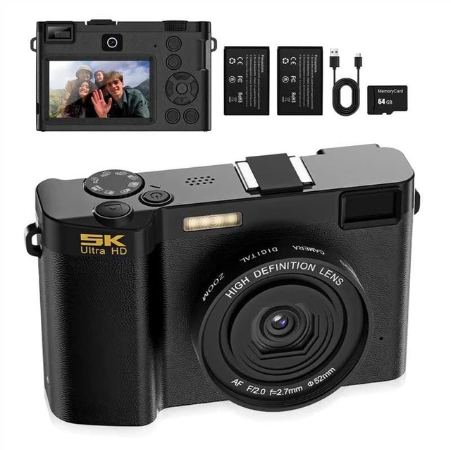 Main image of 5K 64MP Dual Lens Digital Camera Autofocus 18X Zoom WiFi HDCF01 3.0" IPS Screen, LED Fill Light, USBC Charging, 2 Rechargeable Batteries, 64GB Memory Card small camera