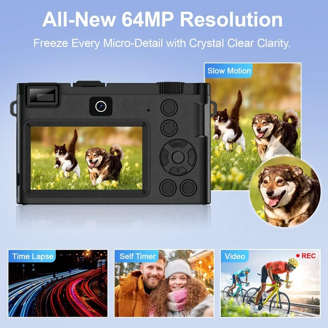Alt view image 6 of 7 - 5K 64MP Dual Lens Digital Camera Autofocus 18X Zoom WiFi HDCF01 3.0" IPS Screen, LED Fill Light, USBC Charging, 2 Rechargeable Batteries, 64GB Memory Card small camera