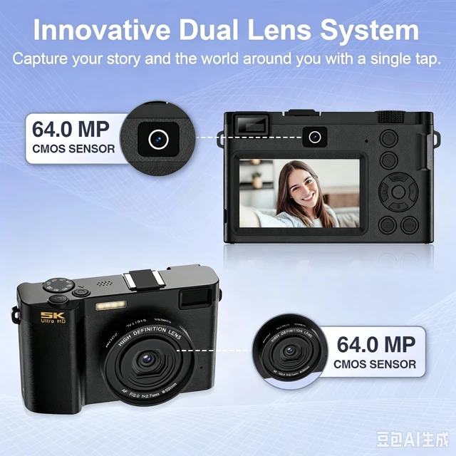 Alt view image 5 of 7 - 5K 64MP Dual Lens Digital Camera Autofocus 18X Zoom WiFi HDCF01 3.0" IPS Screen, LED Fill Light, USBC Charging, 2 Rechargeable Batteries, 64GB Memory Card small camera