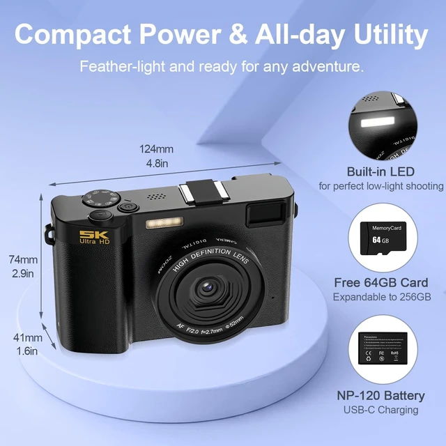Alt view image 7 of 7 - 5K 64MP Dual Lens Digital Camera Autofocus 18X Zoom WiFi HDCF01 3.0" IPS Screen, LED Fill Light, USBC Charging, 2 Rechargeable Batteries, 64GB Memory Card small camera