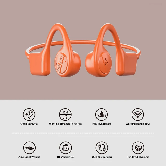 Alt view image 7 of 7 - Bone Conduction Headphones, 12 Hours Playtime Bluetoeth 5.3 Headset Open Ear Wireless Earphone - IP55 Sweatproof Built-in Mic,Perfect for Running Cycling Hiking Workouts(Orange)