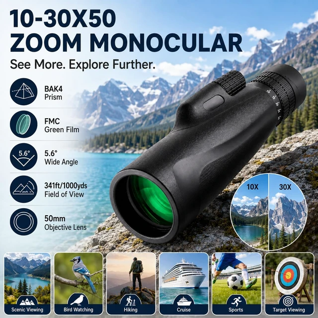 Alt view image 2 of 7 - 10-30x50 Zoom Monocular Telescope BAK4 FMC Lens for Adults Dual focus with phone tripod lightweight zoom monocular for outdoor bird watching hunting travel