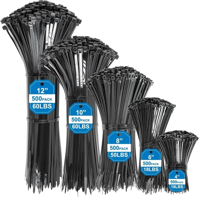 Main image of Zip Ties Assorted Sizes(4/6/8/10/12")-2500 Pcs Cable ties(500Pcs Each) Black Zip Ties - Self-Locking for Cable Management, UV Resistant Nylon Zipties for Indoor, Outdoor and Workshop