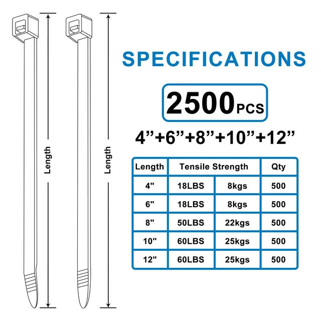 Alt view image 2 of 7 - Zip Ties Assorted Sizes(4/6/8/10/12")-2500 Pcs Cable ties(500Pcs Each) Black Zip Ties - Self-Locking for Cable Management, UV Resistant Nylon Zipties for Indoor, Outdoor and Workshop