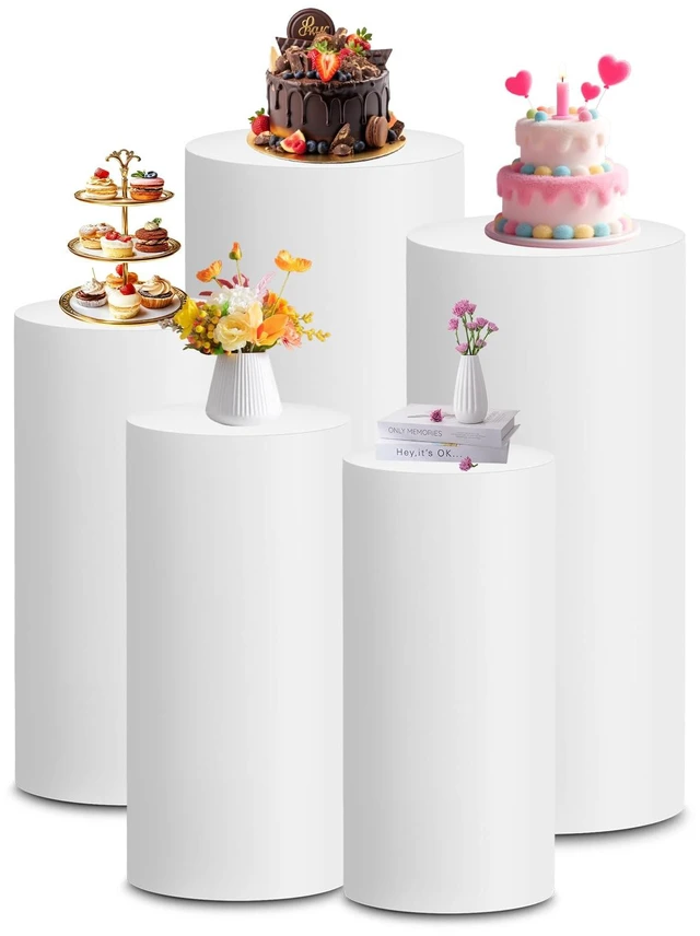 Main image of Cylinder Pedestal Covers, Set of 5 (S+M+L+XL+XXL), White, Only Cloth Spandex Display Cylinder Covers, Plinth Pillar Cover for Birthday Party Wedding Baby Shower Dessert Tables Decor