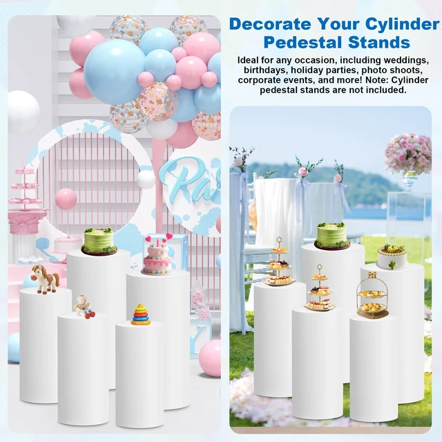 Alt view image 5 of 7 - Cylinder Pedestal Covers, Set of 5 (S+M+L+XL+XXL), White, Only Cloth Spandex Display Cylinder Covers, Plinth Pillar Cover for Birthday Party Wedding Baby Shower Dessert Tables Decor