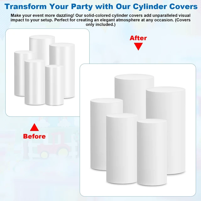 Alt view image 4 of 7 - Cylinder Pedestal Covers, Set of 5 (S+M+L+XL+XXL), White, Only Cloth Spandex Display Cylinder Covers, Plinth Pillar Cover for Birthday Party Wedding Baby Shower Dessert Tables Decor