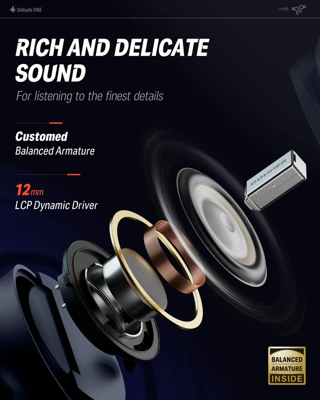 Alt view image 3 of 7 - Wireless Earbuds Noise Cancelling, Bluetooth 5.2 Earphones with ENC for Clear Calls, 12mm Drivers & Balanced Armature, App for Custom EQ, 32H Playtime, Fast Charging - Dobuds ONE, Blue