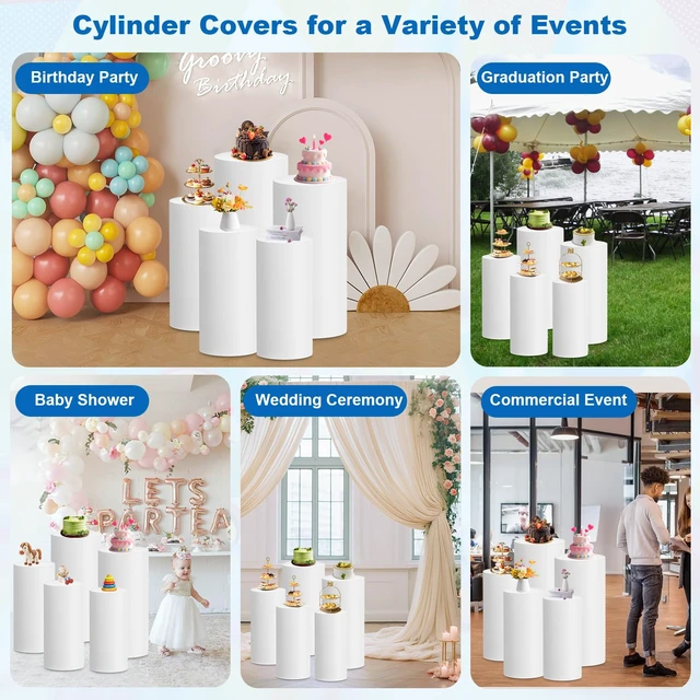 Alt view image 7 of 7 - Cylinder Pedestal Covers, Set of 5 (S+M+L+XL+XXL), White, Only Cloth Spandex Display Cylinder Covers, Plinth Pillar Cover for Birthday Party Wedding Baby Shower Dessert Tables Decor