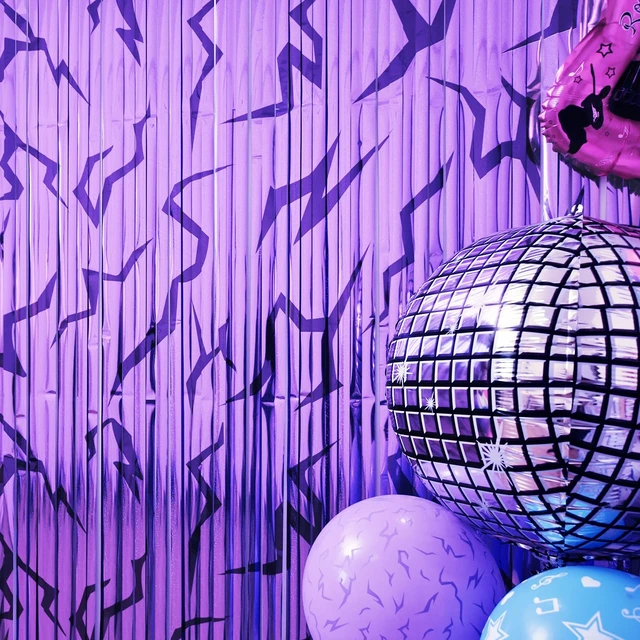 Alt view image 3 of 7 - Demon Movie Hunters Birthday Party Decoration, 4 Pack Demon Movie Hunters Party Backdrop Photo Booth Prop, Pop Music Notes Print Fringe Curtains Tinsel Streamers for Hunter Theme Party Decor Supplies
