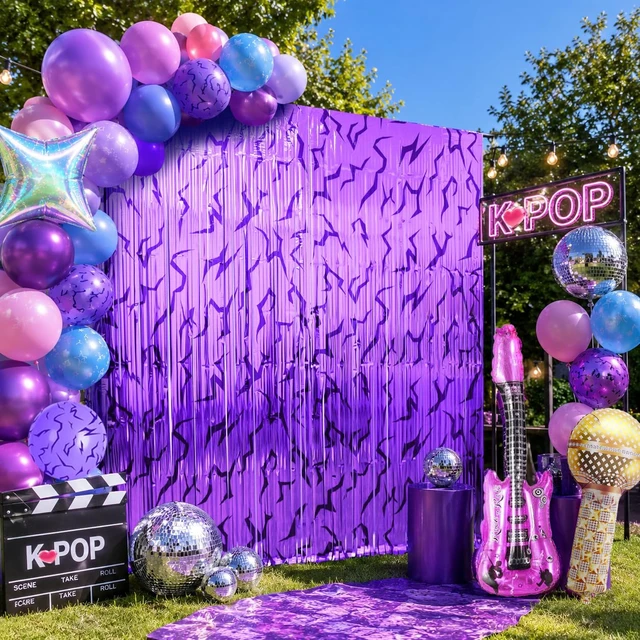 Alt view image 5 of 7 - Demon Movie Hunters Birthday Party Decoration, 4 Pack Demon Movie Hunters Party Backdrop Photo Booth Prop, Pop Music Notes Print Fringe Curtains Tinsel Streamers for Hunter Theme Party Decor Supplies