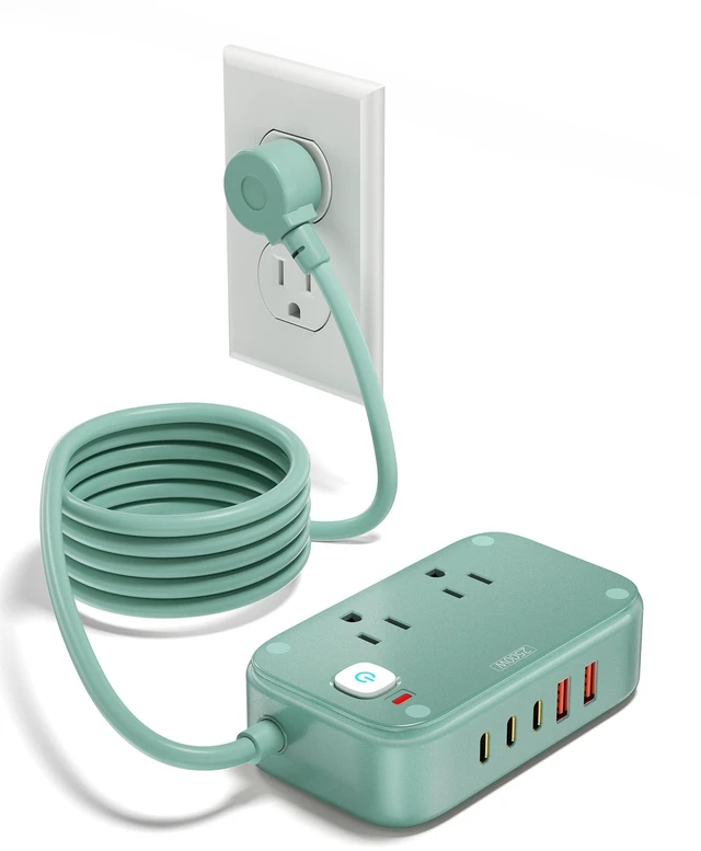 Main image of Power Strip with USB C - 40W Charging Station with 2 Outlets 3 USB C & 2 USB A - Charger for Multiple Devices, 5Ft Flat Plug Extension Cord for Travel Cruise Ship Office Dorm (Green)