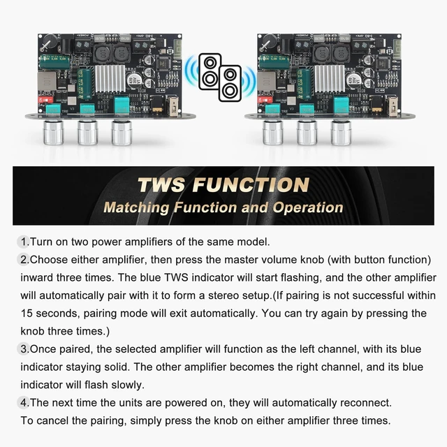Alt view image 3 of 6 - ZK-1001U Mono Amplifier Board with TWS, 100W Power Output, Vehicle Amplifier Wide Voltage Input 9-24V, Supports USB/AUX/Bluetooth (ZK-1001U)