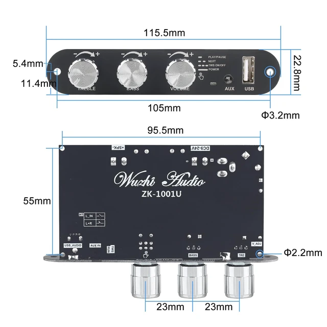 Alt view image 6 of 6 - ZK-1001U Mono Amplifier Board with TWS, 100W Power Output, Vehicle Amplifier Wide Voltage Input 9-24V, Supports USB/AUX/Bluetooth (ZK-1001U)