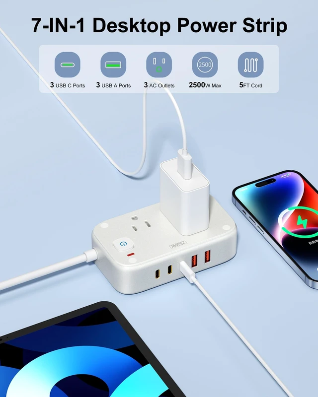 Alt view image 2 of 7 - Power Strip with USB C - 40W Charging Station with 2 Outlets 3 USB C & 2 USB A - Charger for Multiple Devices, 5Ft Flat Plug Extension Cord for Travel Cruise Ship Office Dorm (White)