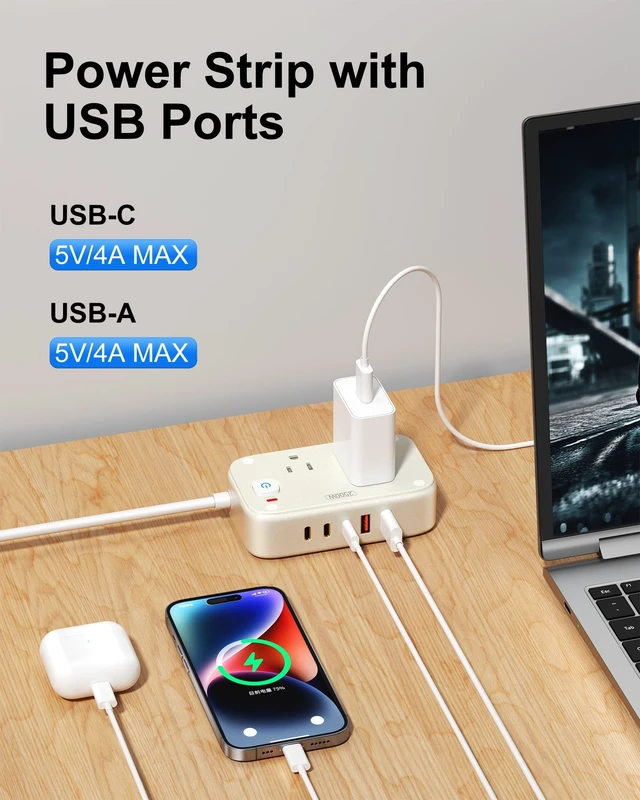 Alt view image 3 of 7 - Power Strip with USB C - 40W Charging Station with 2 Outlets 3 USB C & 2 USB A - Charger for Multiple Devices, 5Ft Flat Plug Extension Cord for Travel Cruise Ship Office Dorm (White)
