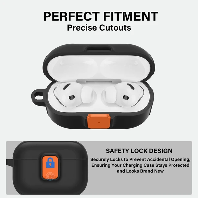 Alt view image 5 of 7 - for AirPods Pro 3 Case with Drop-Proof Lock Design (Black/Orange) Anti-Scratch Shockproof Slim Protective Cover Compatible with Apple AirPods Pro 3rd Generation