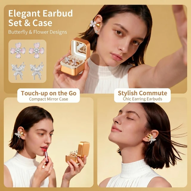 Alt view image 3 of 7 - Wireless Earbuds with LED Makeup Mirror Case, Bluetooth 6.0 Open Ear Clip-On Headphones, Cute Pink Air Conduction Earphones for Women, Low Latency, Secure Fit for Running & Travel (Earring Orange)