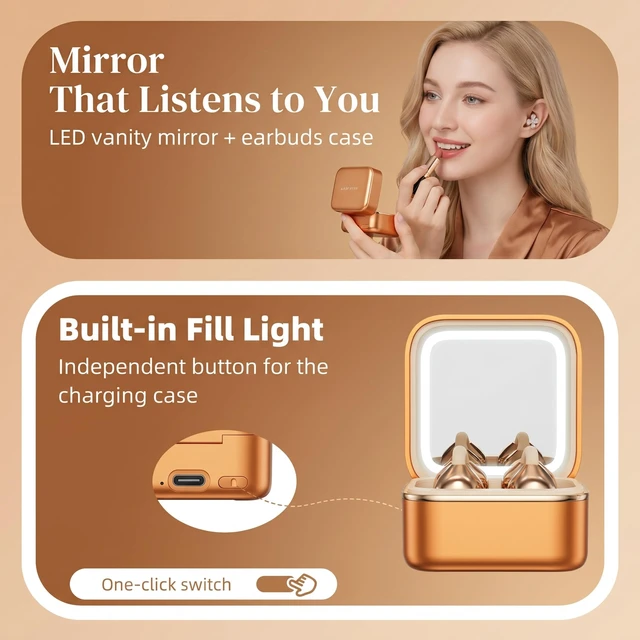 Alt view image 5 of 7 - Wireless Earbuds with LED Makeup Mirror Case, Bluetooth 6.0 Open Ear Clip-On Headphones, Cute Pink Air Conduction Earphones for Women, Low Latency, Secure Fit for Running & Travel (Earring Orange)