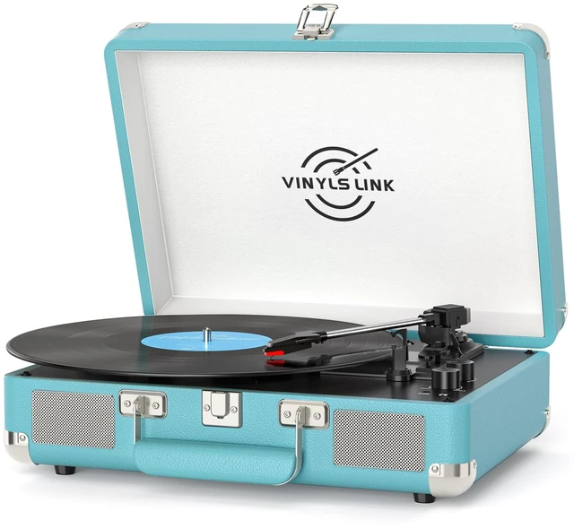 Main image of VINYLSLINK Vinyl Record Player, Bluetooth, Speakers, Bass/Treble Control 3-Speed 33/45/78 RPM Playback, Belt-Driven Turntable, Auto Stop, RCA Out, AUX In, Headphone Jack, Vintage Blue Design