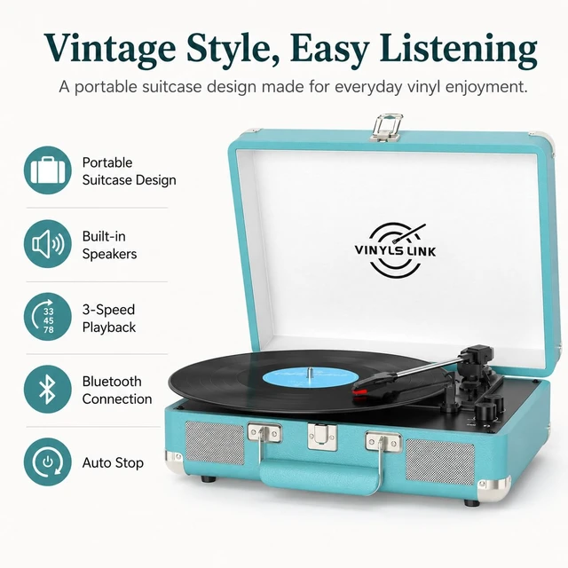Alt view image 2 of 7 - VINYLSLINK Vinyl Record Player, Bluetooth, Speakers, Bass/Treble Control 3-Speed 33/45/78 RPM Playback, Belt-Driven Turntable, Auto Stop, RCA Out, AUX In, Headphone Jack, Vintage Blue Design