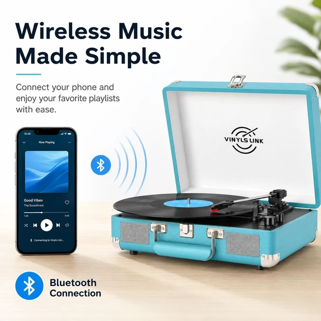 Alt view image 3 of 7 - VINYLSLINK Vinyl Record Player, Bluetooth, Speakers, Bass/Treble Control 3-Speed 33/45/78 RPM Playback, Belt-Driven Turntable, Auto Stop, RCA Out, AUX In, Headphone Jack, Vintage Blue Design