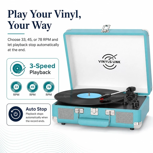 Alt view image 4 of 7 - VINYLSLINK Vinyl Record Player, Bluetooth, Speakers, Bass/Treble Control 3-Speed 33/45/78 RPM Playback, Belt-Driven Turntable, Auto Stop, RCA Out, AUX In, Headphone Jack, Vintage Blue Design