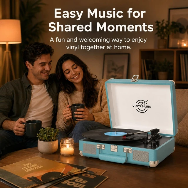 Alt view image 5 of 7 - VINYLSLINK Vinyl Record Player, Bluetooth, Speakers, Bass/Treble Control 3-Speed 33/45/78 RPM Playback, Belt-Driven Turntable, Auto Stop, RCA Out, AUX In, Headphone Jack, Vintage Blue Design