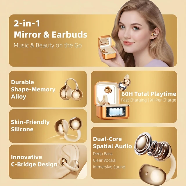 Alt view image 7 of 7 - Wireless Earbuds with LED Makeup Mirror Case, Bluetooth 6.0 Open Ear Clip-On Headphones, Cute Pink Air Conduction Earphones for Women, Low Latency, Secure Fit for Running & Travel (Earring Orange)