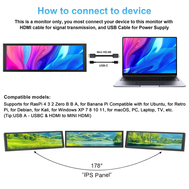 Alt view image 6 of 7 - 7.84 Inch Mini Monitor - FHD IPS 1280x400 LCD Display with Casing for macOS Window Speed Temperature Aida64 CPU GPU Monitoring Secondary Screen