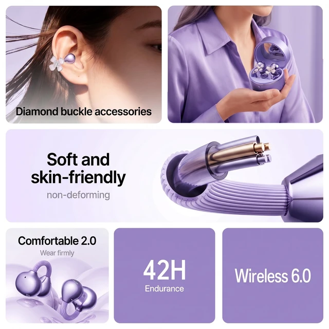 Alt view image 7 of 7 - Love Wireless Earbuds with Mirror Case, Bluetooth 6.0 Open Ear Clip-On Headphones, Cute Pink Air Conduction Earphones for Women, Low Latency, Secure Fit for Running & Travel