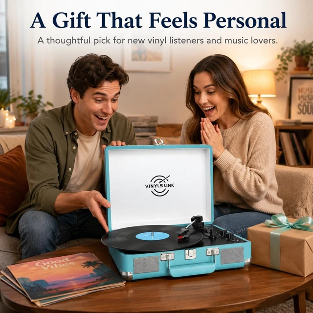 Alt view image 6 of 7 - VINYLSLINK Vinyl Record Player, Bluetooth, Speakers, Bass/Treble Control 3-Speed 33/45/78 RPM Playback, Belt-Driven Turntable, Auto Stop, RCA Out, AUX In, Headphone Jack, Vintage Blue Design