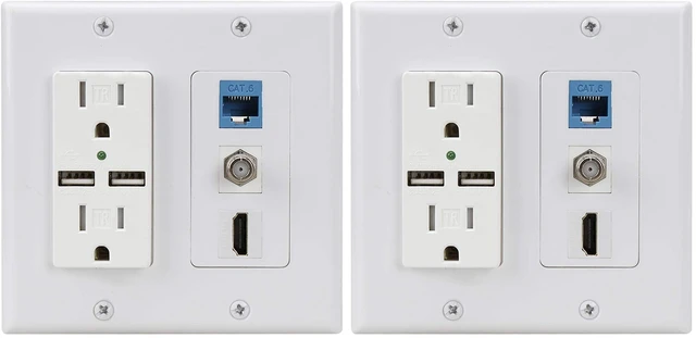 Main image of Hdmi USB Outlet Charger Wall Plate,2 Power Outlet 15A with Dual 2.1A USB Charger Port, 1 HDMI HDTV + 1 CAT6 RJ45 Ethernet + Coaxial Cable TV F Type Keystone Face Plate White (Pack of 2)