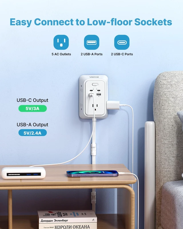 Alt view image 2 of 7 - Electrical Outlet Extender, 18in Short Power Strip with 2 USB C 9 in 1 with 5 AC 4 USB, 1800J Surge Protector, Access Hard-to-Reach Outlets, Flat Plug for Behind Couche, Nightstand, Desk