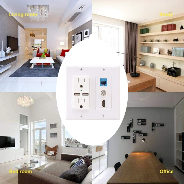 Alt view image 5 of 5 - Hdmi USB Outlet Charger Wall Plate,2 Power Outlet 15A with Dual 2.1A USB Charger Port, 1 HDMI HDTV + 1 CAT6 RJ45 Ethernet + Coaxial Cable TV F Type Keystone Face Plate White (Pack of 2)