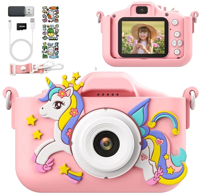 Main image of Pink Unicorn Kids Selfie Camera with 2 Inch Screen/32GB Card Digital camera for boys/girls 3-12, selfie toy with filters/8X zoom/puzzle games/MP3/video recording, birthday gift for kids