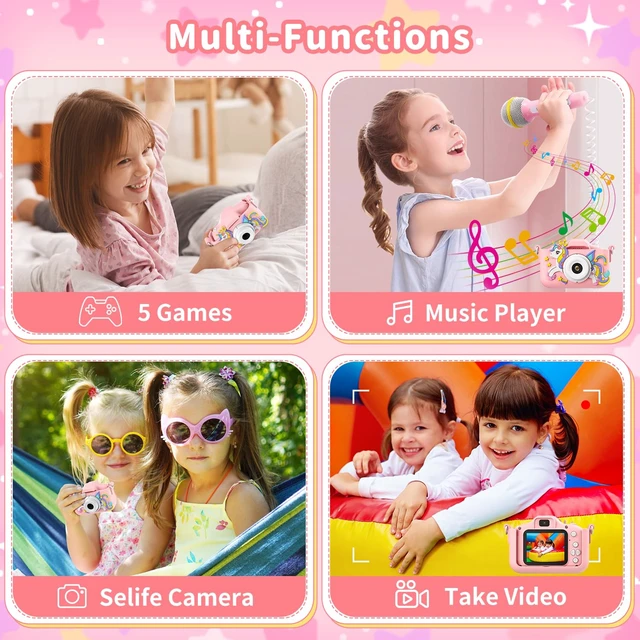 Alt view image 2 of 7 - Pink Unicorn Kids Selfie Camera with 2 Inch Screen/32GB Card Digital camera for boys/girls 3-12, selfie toy with filters/8X zoom/puzzle games/MP3/video recording, birthday gift for kids