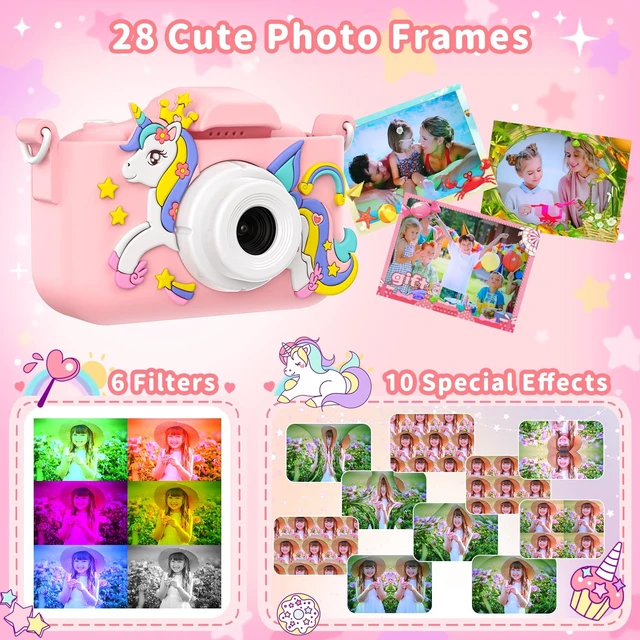 Alt view image 5 of 7 - Pink Unicorn Kids Selfie Camera with 2 Inch Screen/32GB Card Digital camera for boys/girls 3-12, selfie toy with filters/8X zoom/puzzle games/MP3/video recording, birthday gift for kids