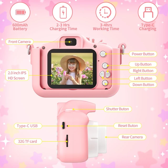Alt view image 4 of 7 - Pink Unicorn Kids Selfie Camera with 2 Inch Screen/32GB Card Digital camera for boys/girls 3-12, selfie toy with filters/8X zoom/puzzle games/MP3/video recording, birthday gift for kids