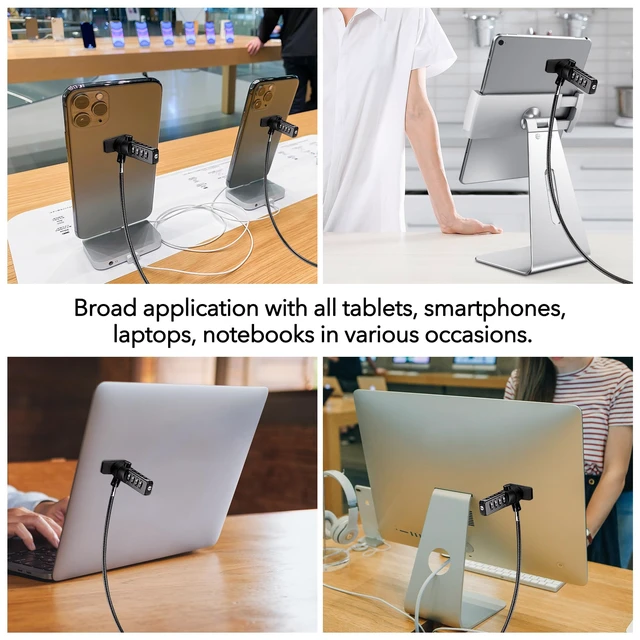Alt view image 2 of 7 - iPad Lock Security Cable w/Adhesive Plates, 6Ft Keyless 4 Digit Combination Tablet Lock Kit, Anti-Theft Hardware Locking Cable for iPhone Cell Phone MacBook Laptop in Showroom Retail Store