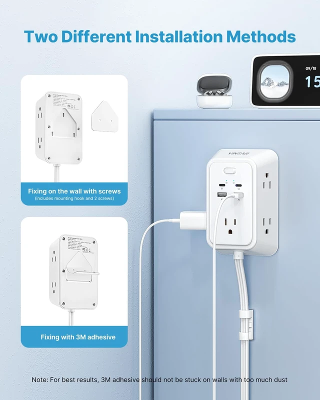 Alt view image 3 of 7 - Electrical Outlet Extender, 18in Short Power Strip with 2 USB C 9 in 1 with 5 AC 4 USB, 1800J Surge Protector, Access Hard-to-Reach Outlets, Flat Plug for Behind Couche, Nightstand, Desk