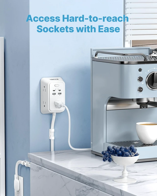 Alt view image 5 of 7 - Electrical Outlet Extender, 18in Short Power Strip with 2 USB C 9 in 1 with 5 AC 4 USB, 1800J Surge Protector, Access Hard-to-Reach Outlets, Flat Plug for Behind Couche, Nightstand, Desk