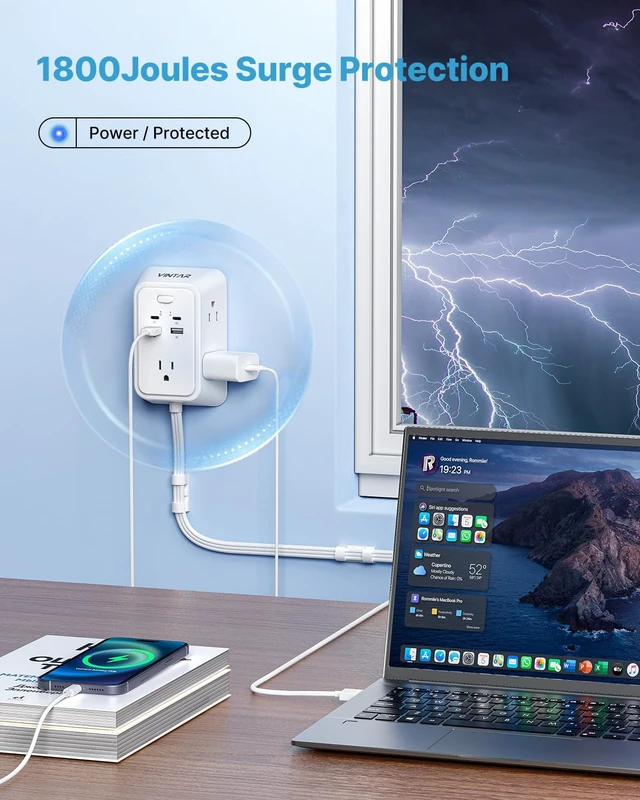 Alt view image 6 of 7 - Electrical Outlet Extender, 18in Short Power Strip with 2 USB C 9 in 1 with 5 AC 4 USB, 1800J Surge Protector, Access Hard-to-Reach Outlets, Flat Plug for Behind Couche, Nightstand, Desk