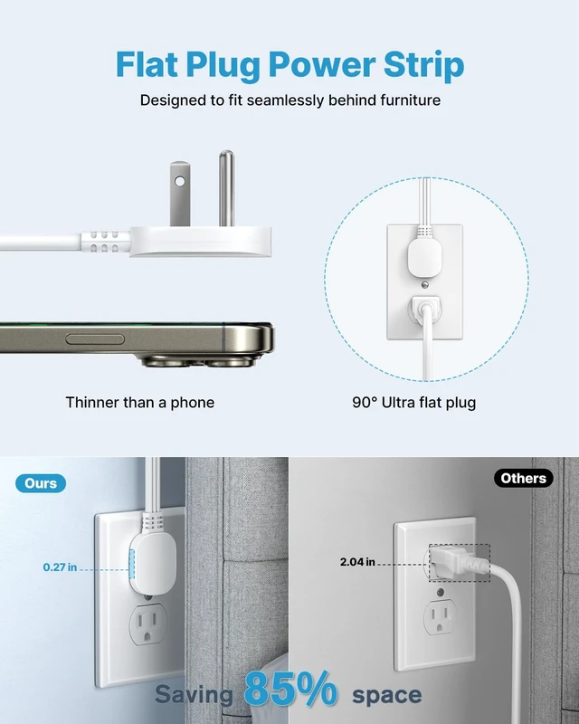 Alt view image 4 of 7 - Electrical Outlet Extender, 18in Short Power Strip with 2 USB C 9 in 1 with 5 AC 4 USB, 1800J Surge Protector, Access Hard-to-Reach Outlets, Flat Plug for Behind Couche, Nightstand, Desk