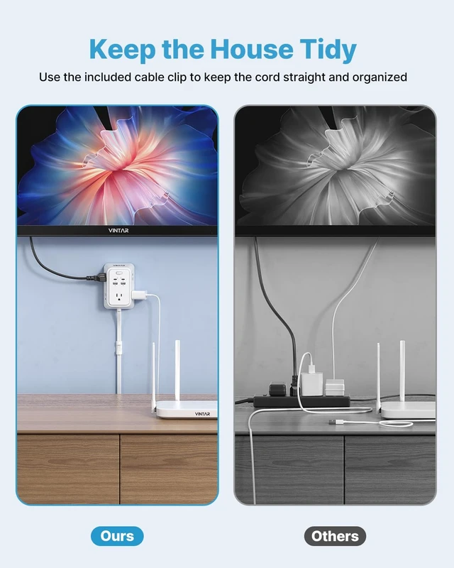 Alt view image 7 of 7 - Electrical Outlet Extender, 18in Short Power Strip with 2 USB C 9 in 1 with 5 AC 4 USB, 1800J Surge Protector, Access Hard-to-Reach Outlets, Flat Plug for Behind Couche, Nightstand, Desk