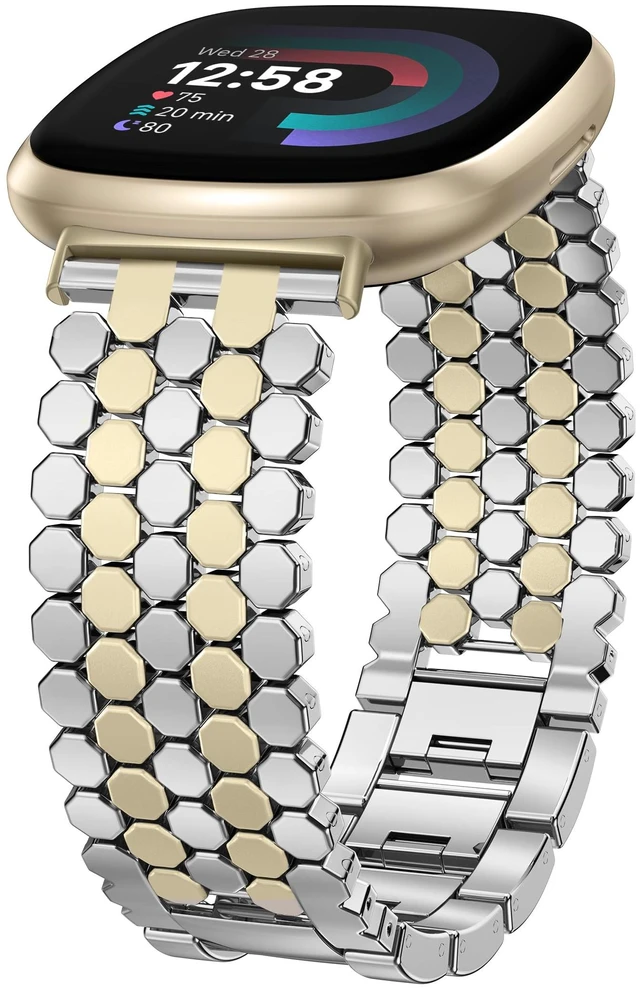 Main image of Metal Bands Compatible with Fitbit Sense 2/Versa 4/Versa 3/Sense Bands Women, Dressy Stainless Steel Chain Honeycomb Designer Luxury Chic Link Bracelet Wristband Replacement Strap for Versa 4