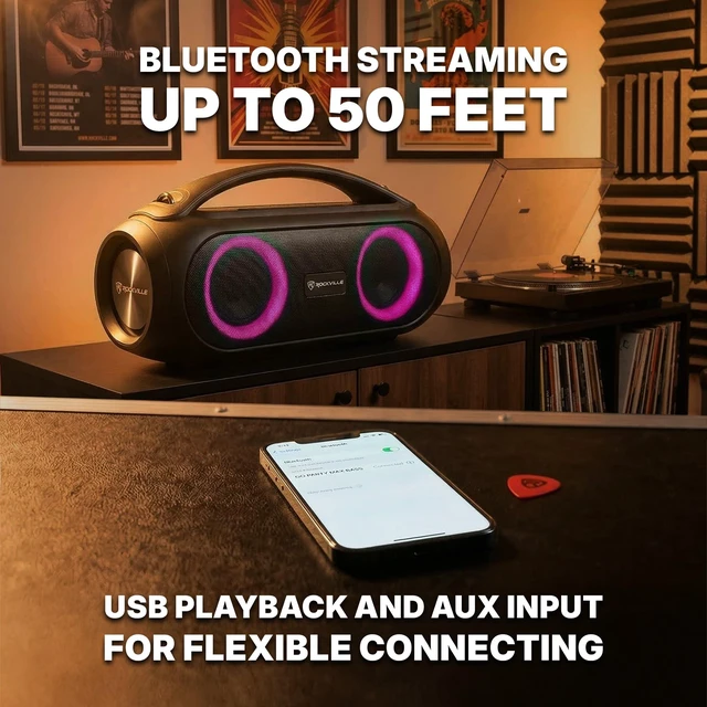 Alt view image 4 of 7 - GO Party MAX BASS Large Portable LED Bluetooth Speaker, TWS, IPX5 20-Hour Rechargeable Battery, Wireless Link, 70W Peak / 35W RMS, Bass Boost, USB Playback, Aux Input, 50ft Range