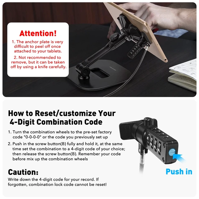 Alt view image 7 of 7 - iPad Lock Security Cable w/Adhesive Plates, 6Ft Keyless 4 Digit Combination Tablet Lock Kit, Anti-Theft Hardware Locking Cable for iPhone Cell Phone MacBook Laptop in Showroom Retail Store