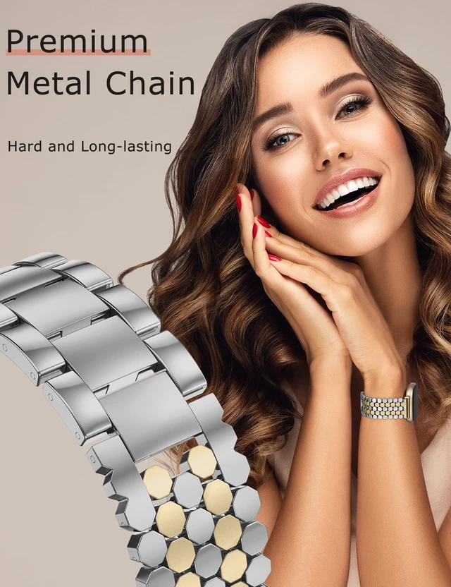 Alt view image 4 of 6 - Metal Bands Compatible with Fitbit Sense 2/Versa 4/Versa 3/Sense Bands Women, Dressy Stainless Steel Chain Honeycomb Designer Luxury Chic Link Bracelet Wristband Replacement Strap for Versa 4